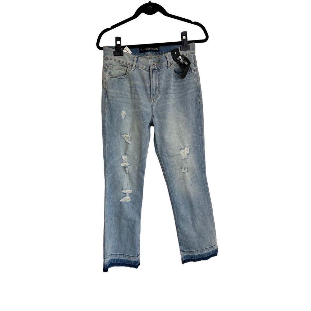 Express Jeans Womens Size 4 Light Wash Distressed Bell Crop High Rise Jeans NWT
